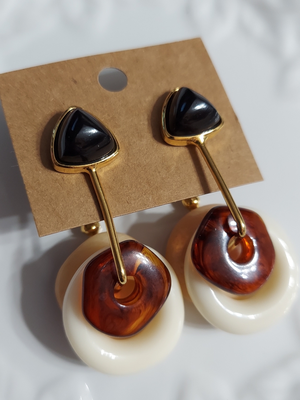 Brown & White Statement Drop Earrings Like New Geo Shaped Modern Bar Hoops